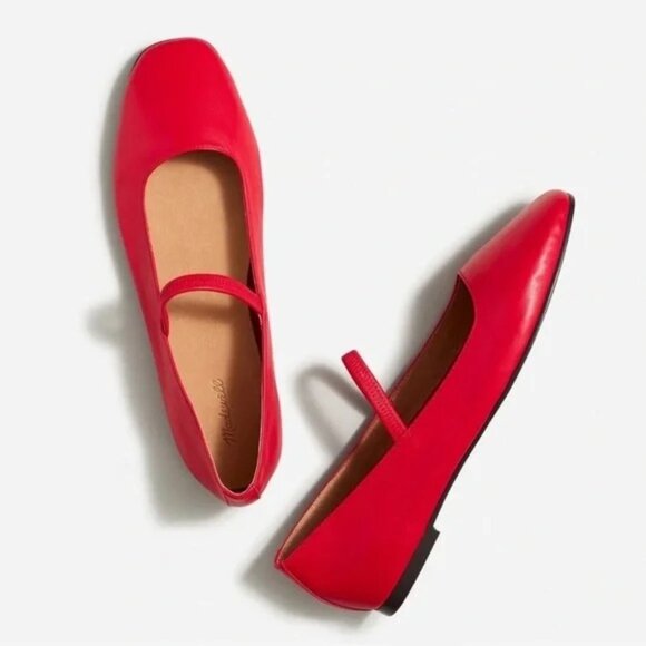 Madewell Shoes Greta Womens Size 8 Red Leather Square Toe Flats Mary Jane Ballet - Picture 1 of 14